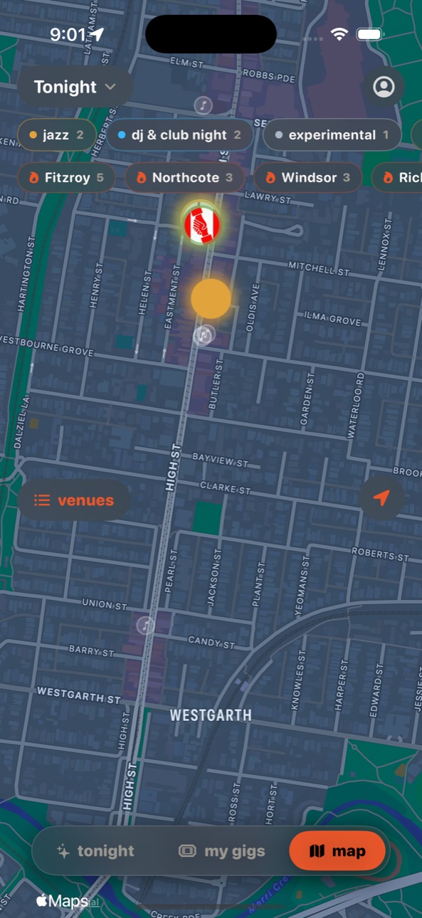 rogaine's map of tonight's gigs across Melbourne, pins coloured by vibe